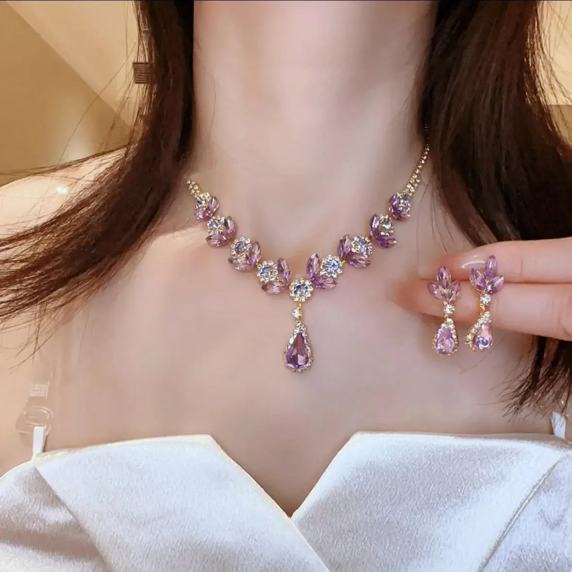 💎New teardrop diamond necklace and earring set