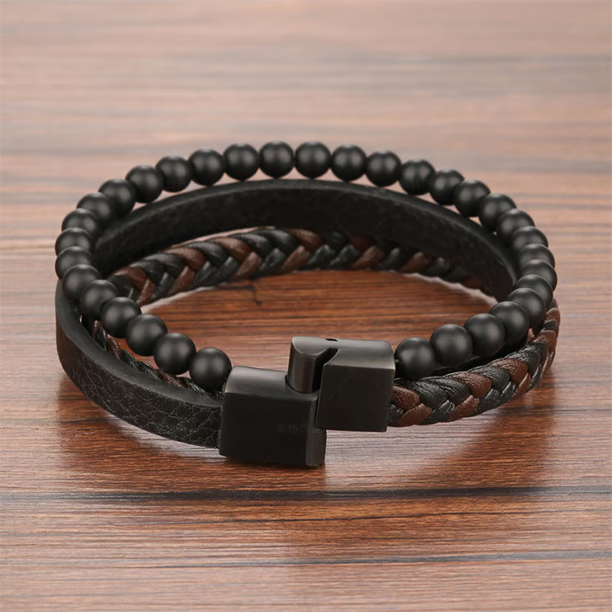 Braided Leather Bracelet for Men – Stylish Matte Black Beads & Magnetic Lock