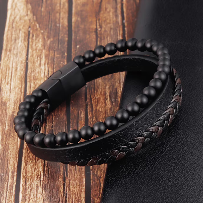 Braided Leather Bracelet for Men – Stylish Matte Black Beads & Magnetic Lock