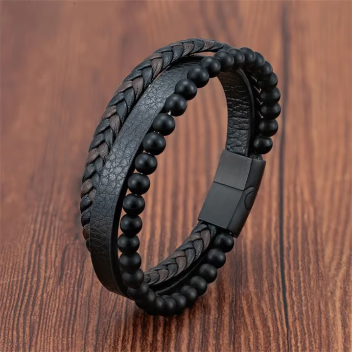 Braided Leather Bracelet for Men – Stylish Matte Black Beads & Magnetic Lock