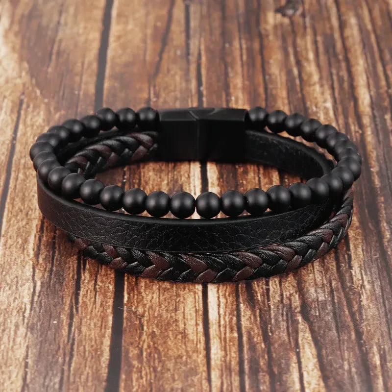 Braided Leather Bracelet for Men – Stylish Matte Black Beads & Magnetic Lock