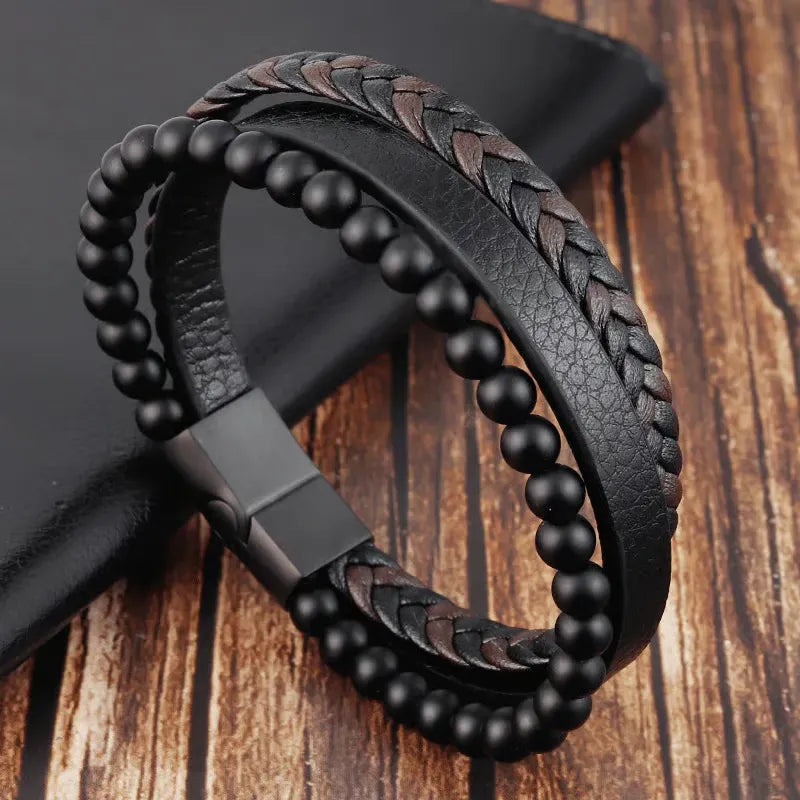 Braided Leather Bracelet for Men – Stylish Matte Black Beads & Magnetic Lock