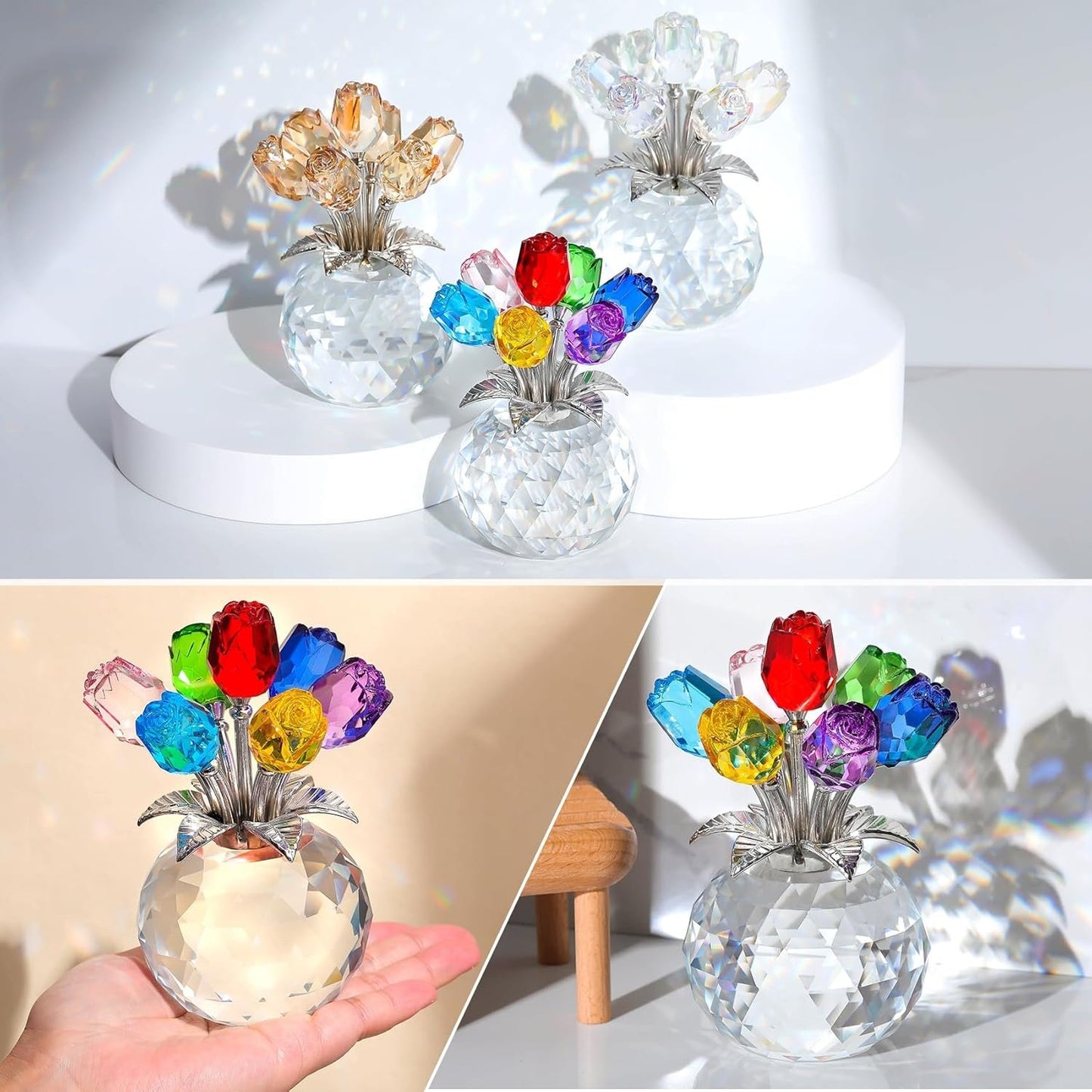 ❤️🌹Crystal Colorful Rose Flower Collectible Figurine with Vase