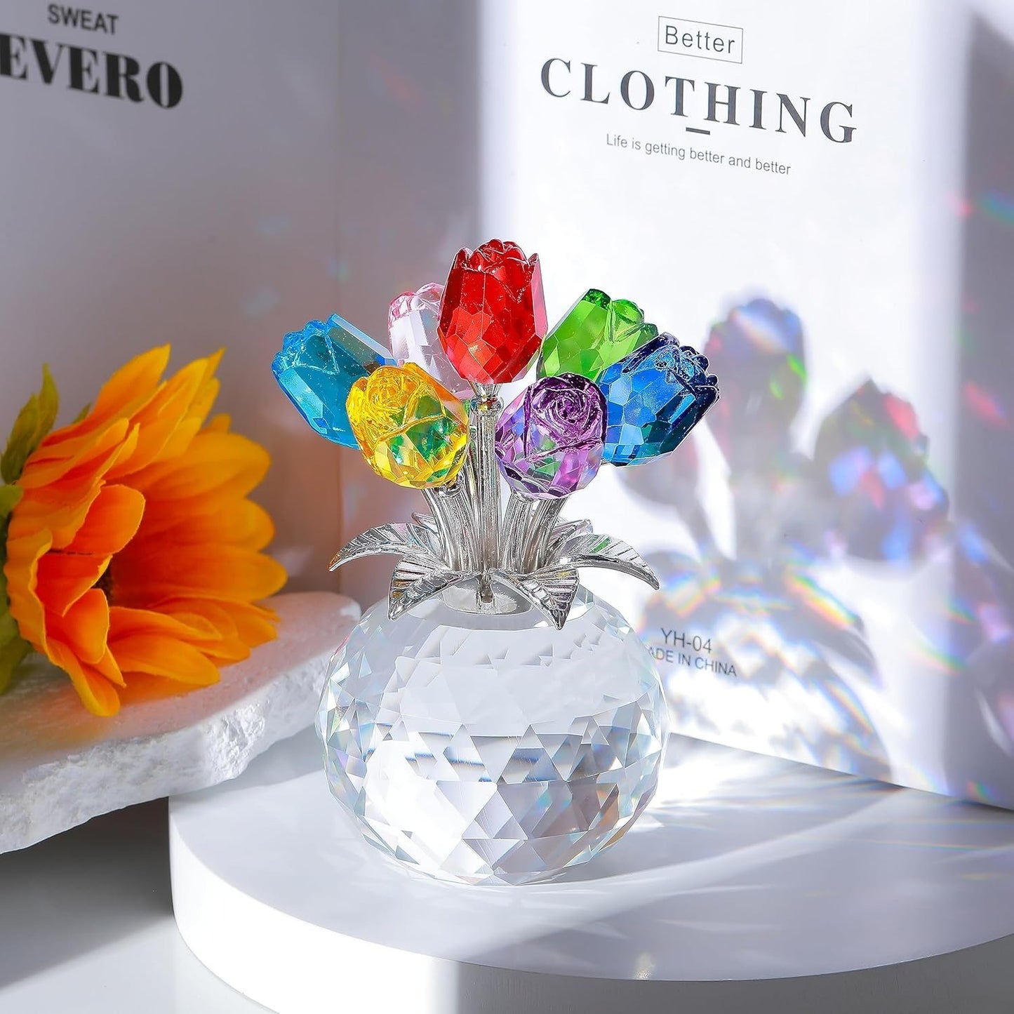 ❤️🌹Crystal Colorful Rose Flower Collectible Figurine with Vase