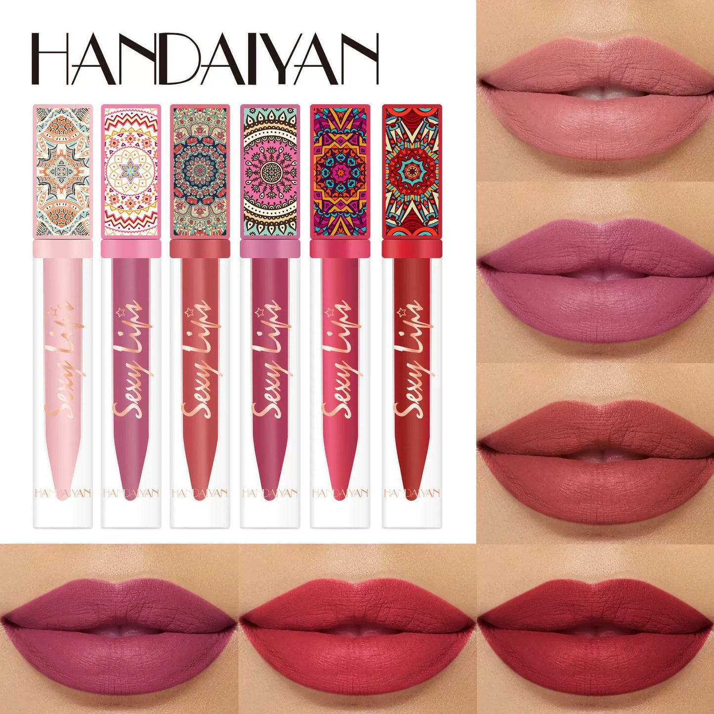 6-piece Bohemian-style lip gloss set, long-lasting, waterproof, matte lipstick