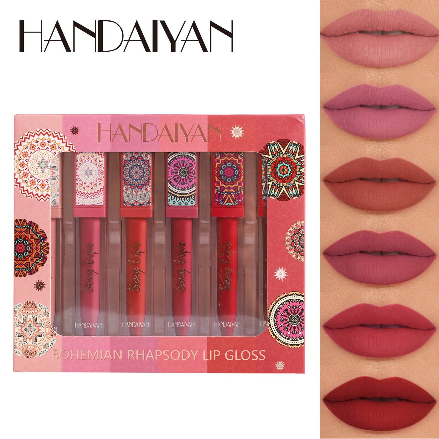 6-piece Bohemian-style lip gloss set, long-lasting, waterproof, matte lipstick