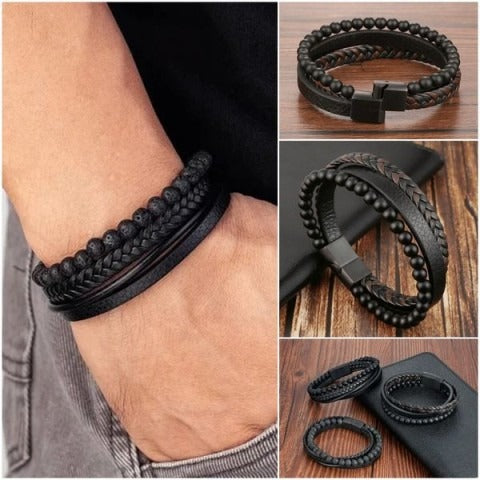 Natural Stone Obsidian Magnetic Buckle Men's Leather Bracelet