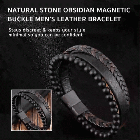 Natural Stone Obsidian Magnetic Buckle Men's Leather Bracelet