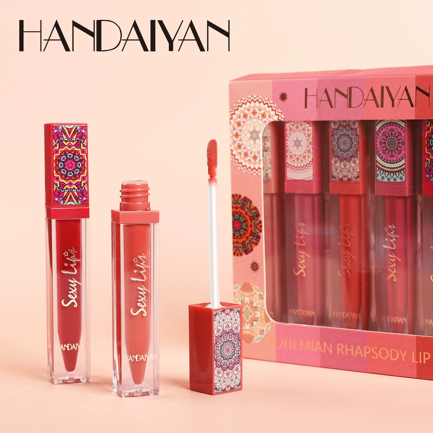 6-piece Bohemian-style lip gloss set, long-lasting, waterproof, matte lipstick