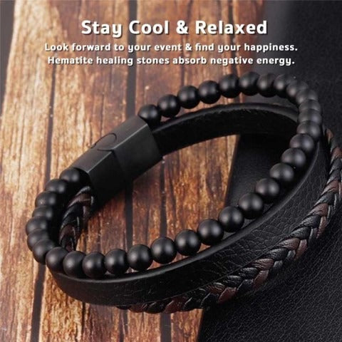 Natural Stone Obsidian Magnetic Buckle Men's Leather Bracelet