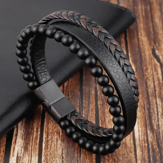 Braided Leather Bracelet for Men – Stylish Matte Black Beads & Magnetic Lock